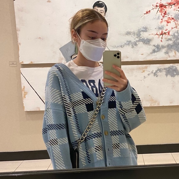 CHUU Tops - CHUU Pastel Blue Plaid Boxy Cardigan